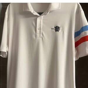 White Rdvantly Golf Men's Shirt with Blue and Red Stripes